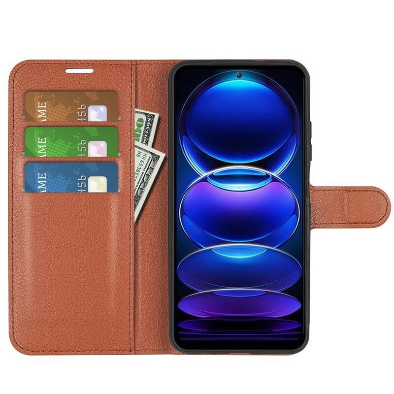 Litchi könyv tok a Xiaomi Redmi Note 12 5G/Poco X5 5G számára - barna