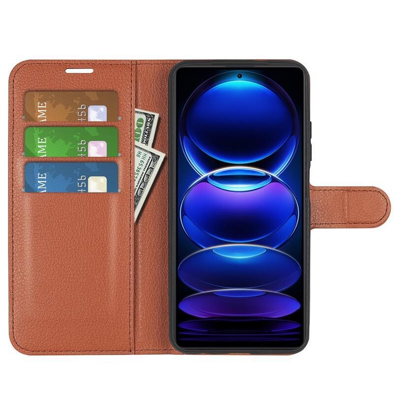 Litchi könyv tok Xiaomi Redmi Note 12 Pro 5G/Poco X5 Pro 5G - barna színben