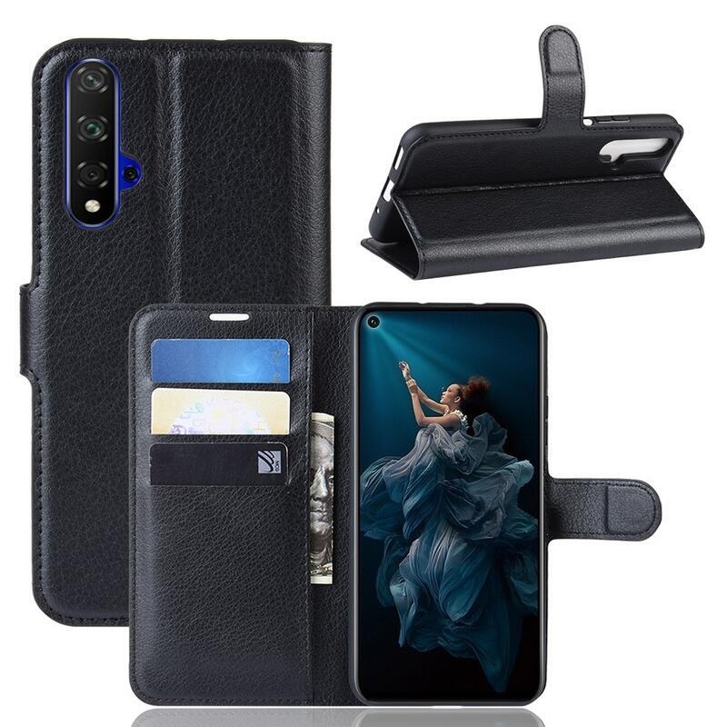 Litchi pénztárca tok a Honor 20/Huawei Nova 5T számára - fekete