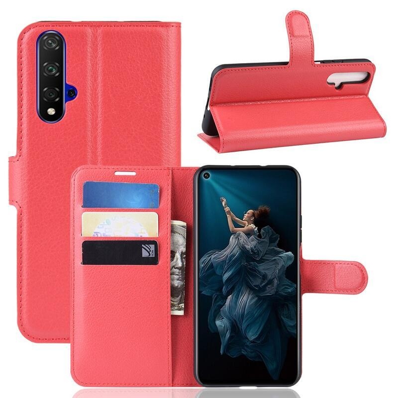Litchi pénztárca tok a Honor 20/Huawei Nova 5T számára - piros