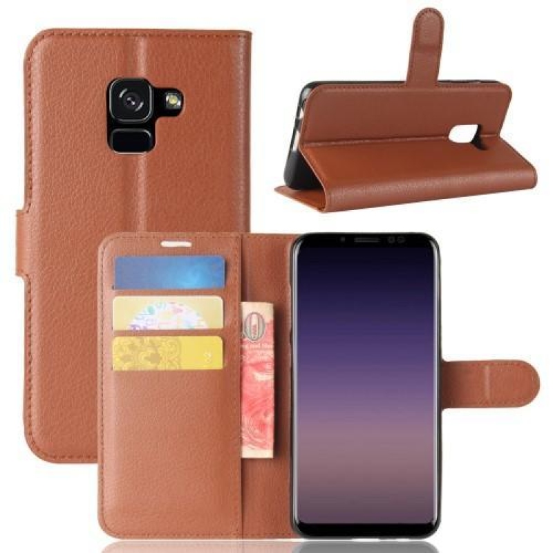 Litchi PU bőr könyvtáska Samsung Galaxy A8 (2018) - barna
