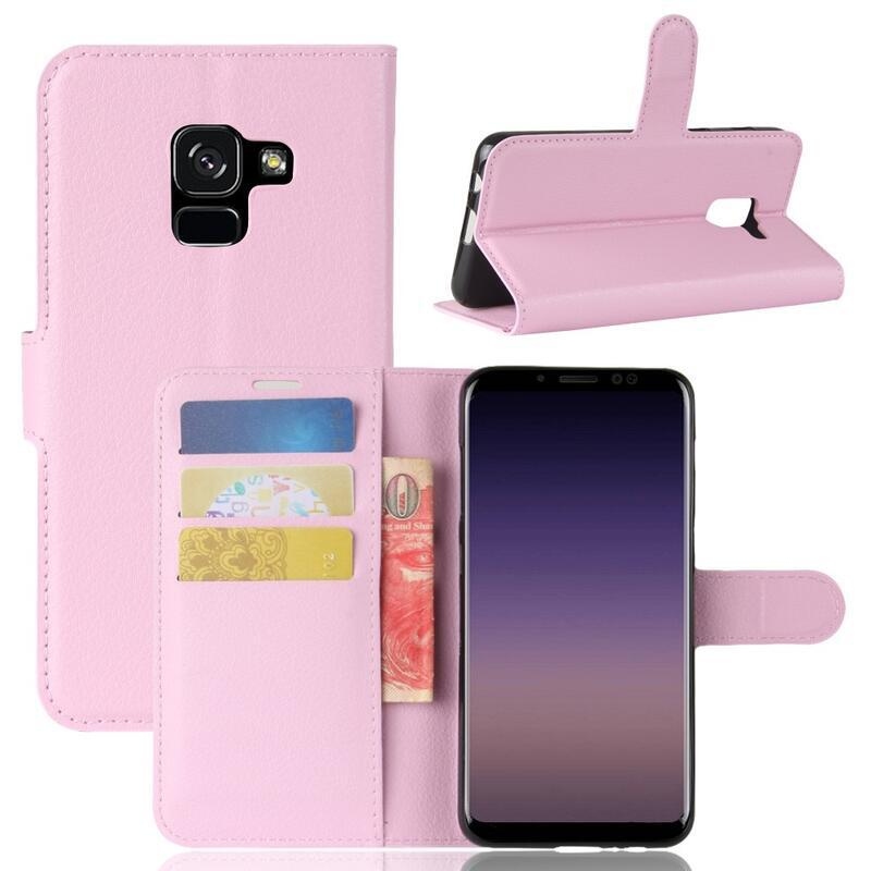 Litchi PU bőr könyv tok Samsung Galaxy A8 (2018) - rózsaszínű