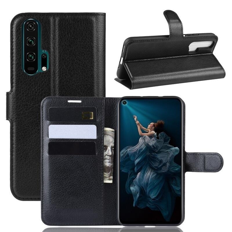 Litchi PU bőr pénztárca tok Honor 20 Pro-hoz - fekete