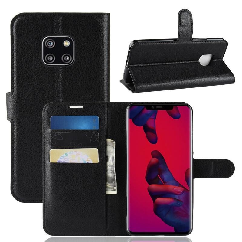 Litchi PU bőr pénztárca tok Huawei Mate 20 Pro-hoz - fekete