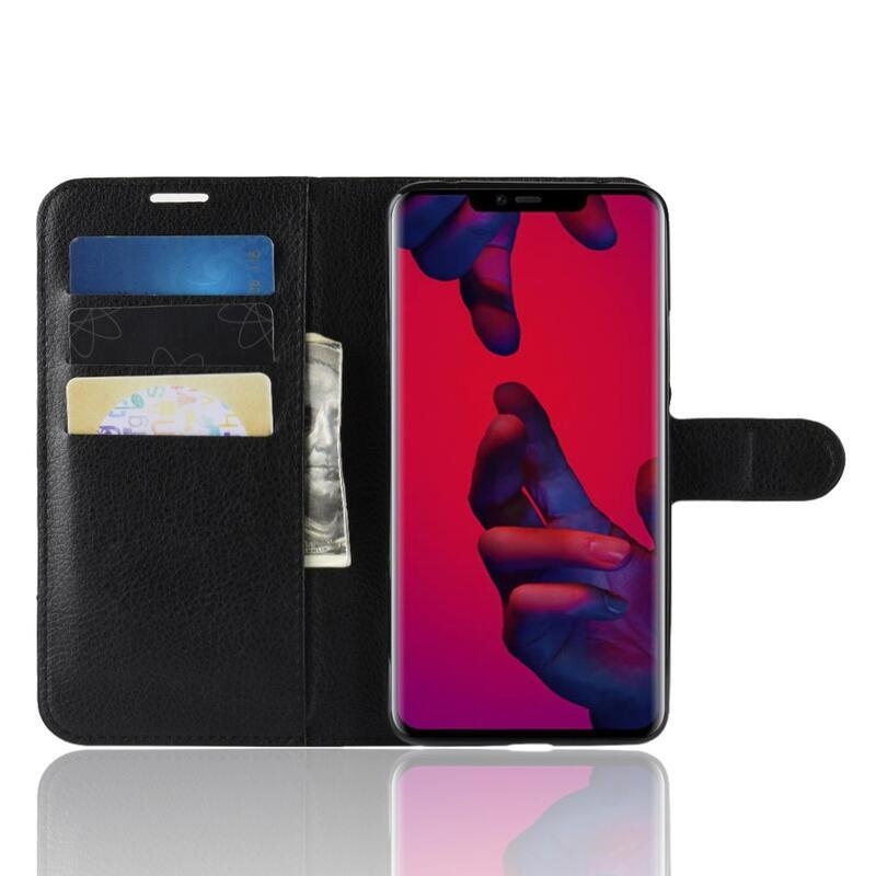 Litchi PU bőr pénztárca tok Huawei Mate 20 Pro-hoz - fekete