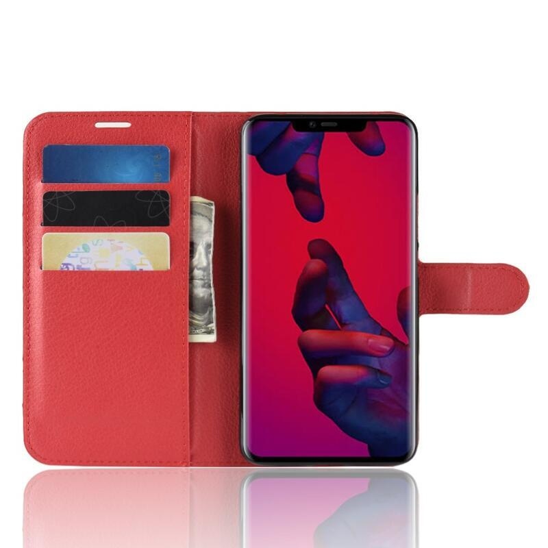 Litchi PU bőr pénztárca tok Huawei Mate 20 Pro-hoz - piros
