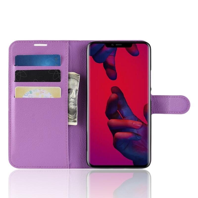 Litchi PU bőr pénztárca tok Huawei Mate 20 Pro-hoz - lila