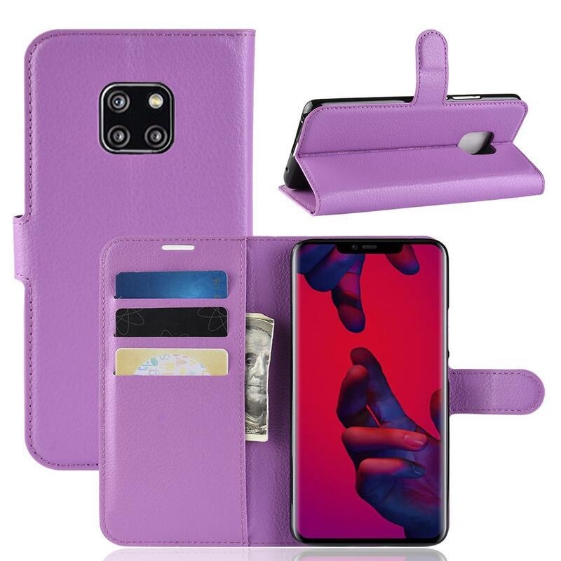 Litchi PU bőr pénztárca tok Huawei Mate 20 Pro-hoz - lila