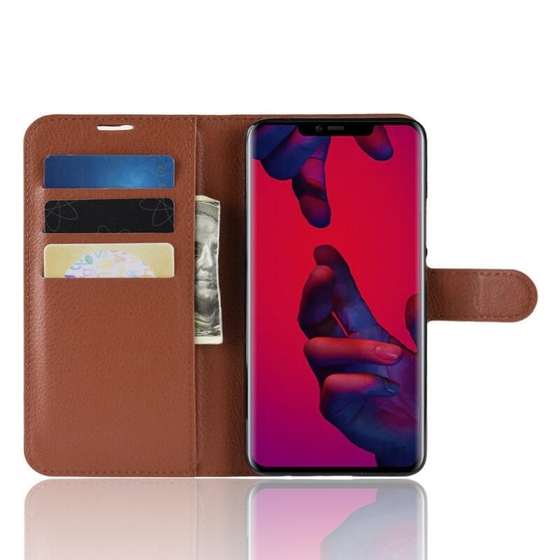 Litchi PU bőr pénztárca tok Huawei Mate 20 Pro-hoz - barna