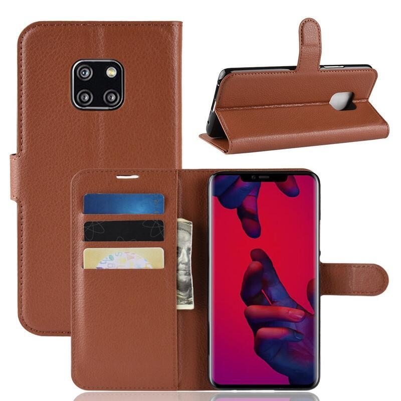 Litchi PU bőr pénztárca tok Huawei Mate 20 Pro-hoz - barna