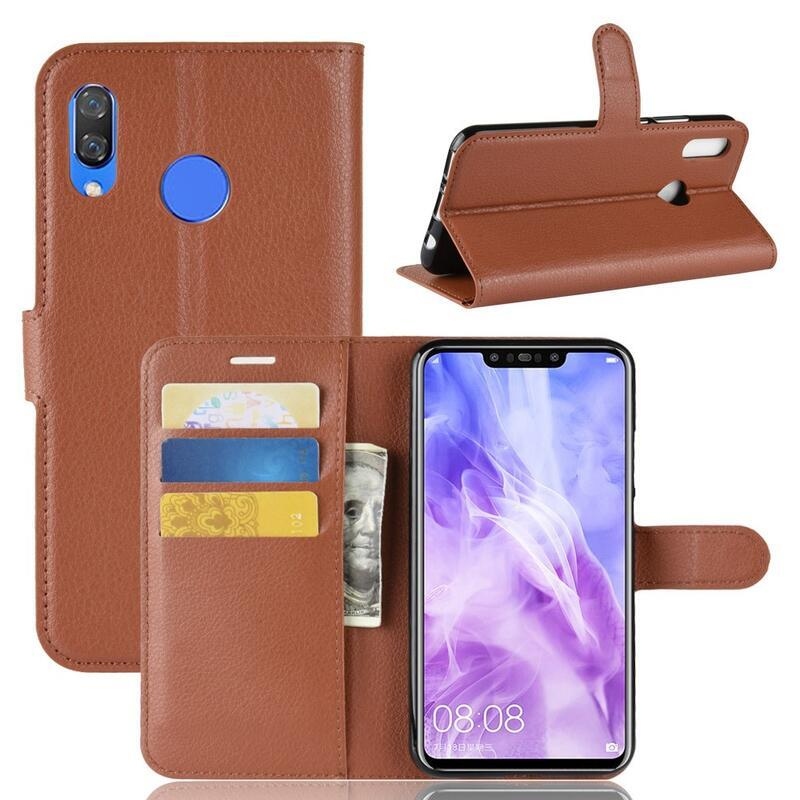 Litchi PU bőr pénztárca tok Huawei Nova 3i számára - barna