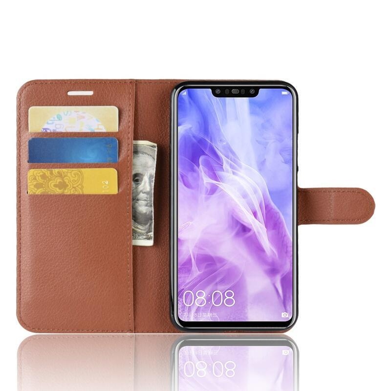Litchi PU bőr pénztárca tok Huawei Nova 3i számára - barna