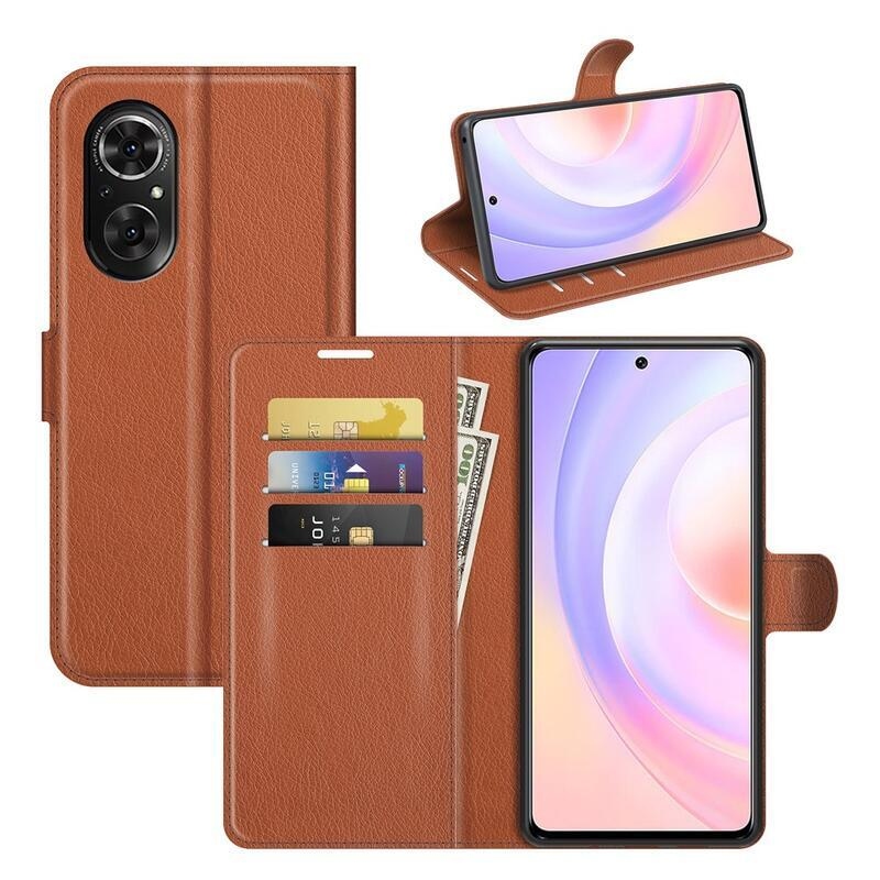 Litchi PU bőr pénztárca tok Huawei Nova 9 SE-hez - barna