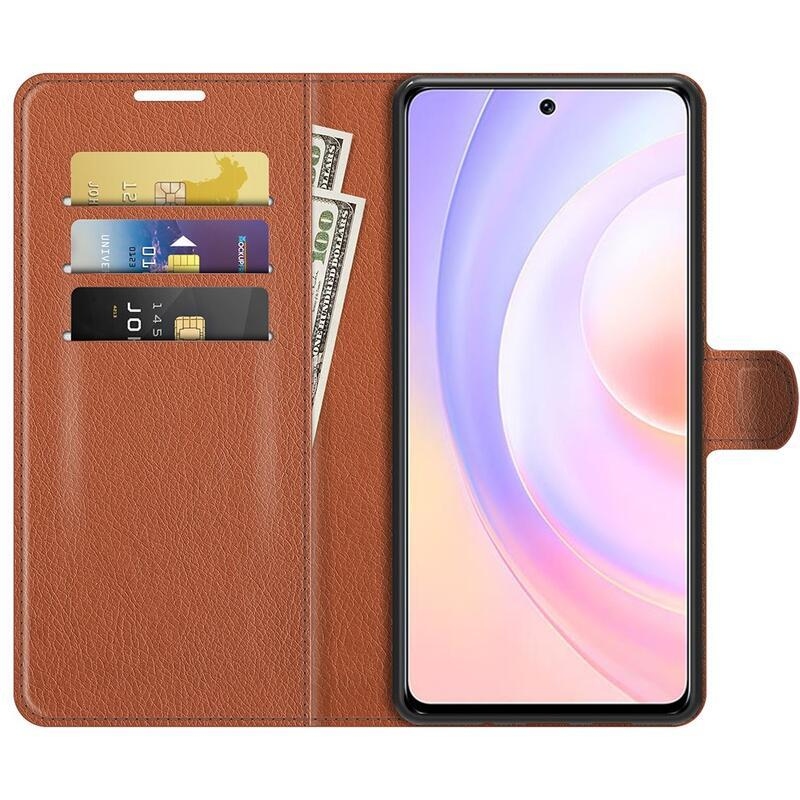 Litchi PU bőr pénztárca tok Huawei Nova 9 SE-hez - barna
