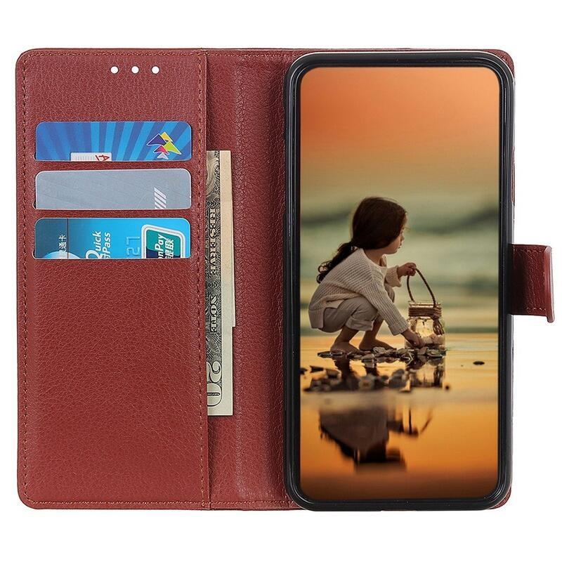 Litchi PU bőr pénztárca tok a Huawei Nova Y70-hez - barna