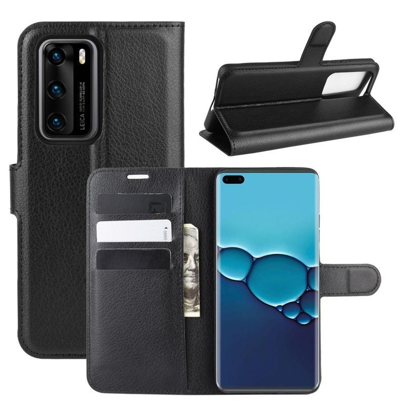 Litchi PU bőr pénztárca tok a Huawei P40-hez - fekete