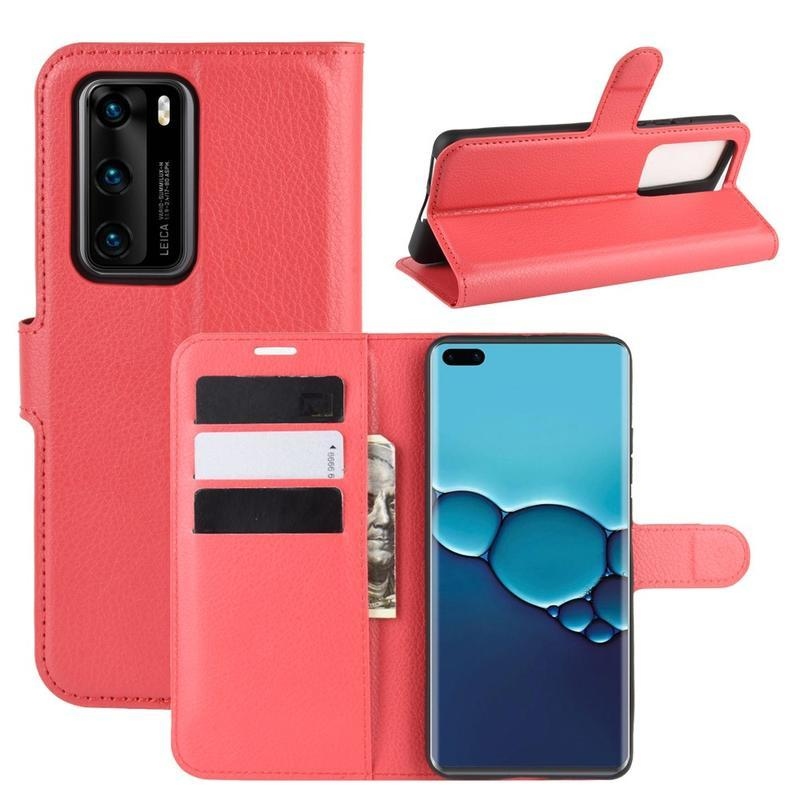 Litchi PU bőr pénztárca tok a Huawei P40-hez - piros