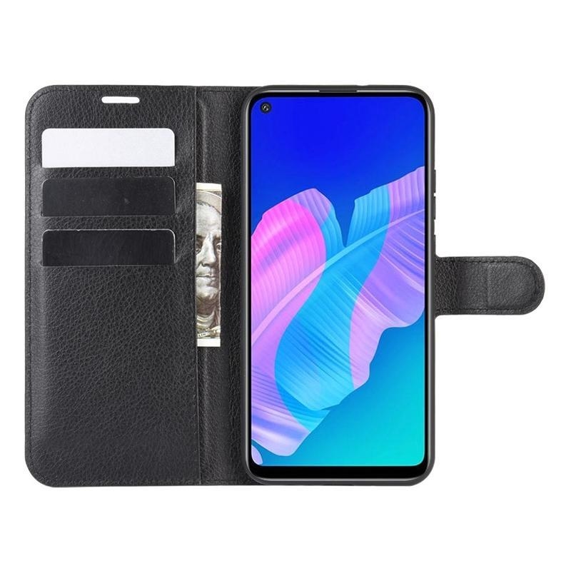 Litchi PU bőr pénztárca tok a Huawei P40 Lite E számára - fekete