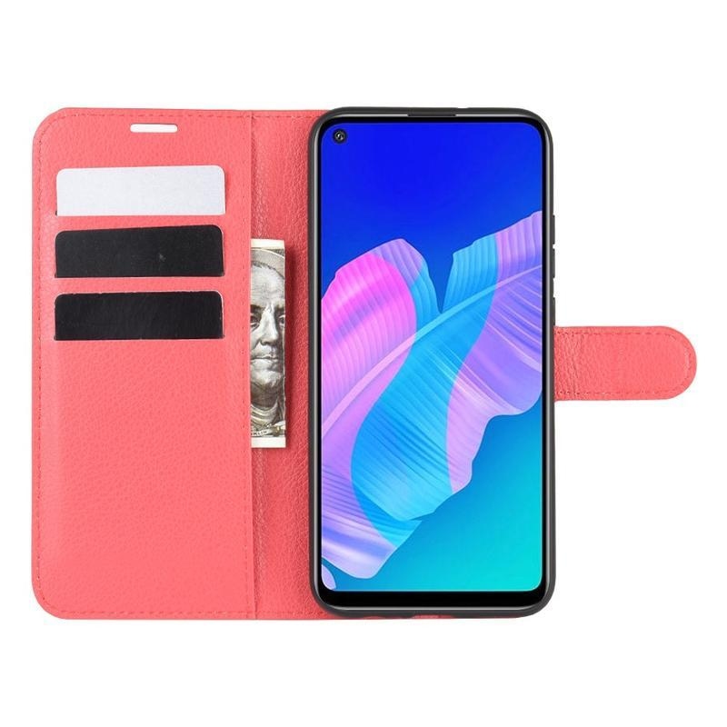 Litchi PU bőr pénztárca tok Huawei P40 Lite E - piros