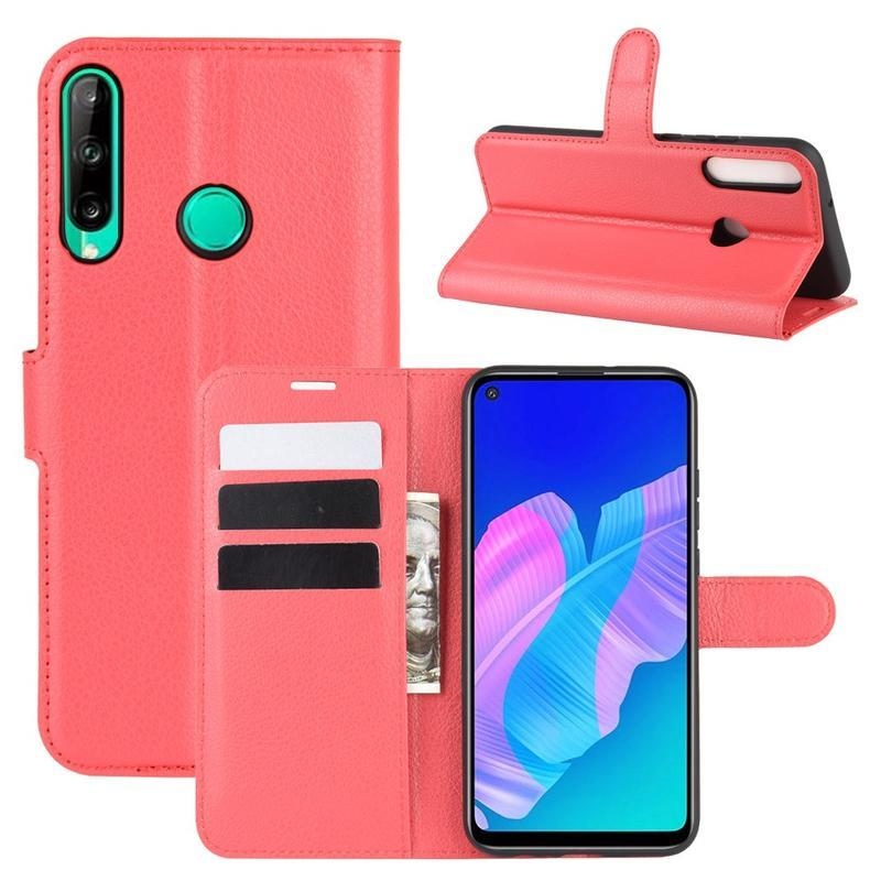 Litchi PU bőr pénztárca tok Huawei P40 Lite E - piros