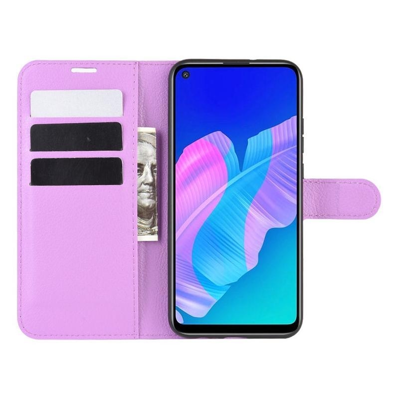 Litchi PU bőr pénztárca tok a Huawei P40 Lite E számára - lila