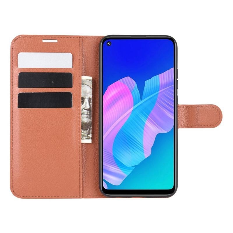 Litchi PU bőr pénztárca tok a Huawei P40 Lite E számára - barna