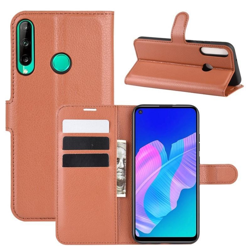 Litchi PU bőr pénztárca tok a Huawei P40 Lite E számára - barna