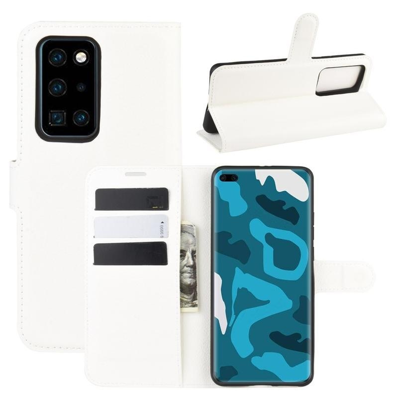 Litchi PU bőr pénztárca tok a Huawei P40 Pro-hoz - fehér