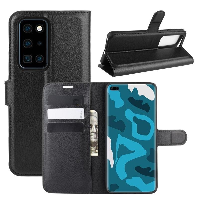 Litchi PU bőr pénztárca tok a Huawei P40 Pro-hoz - fekete