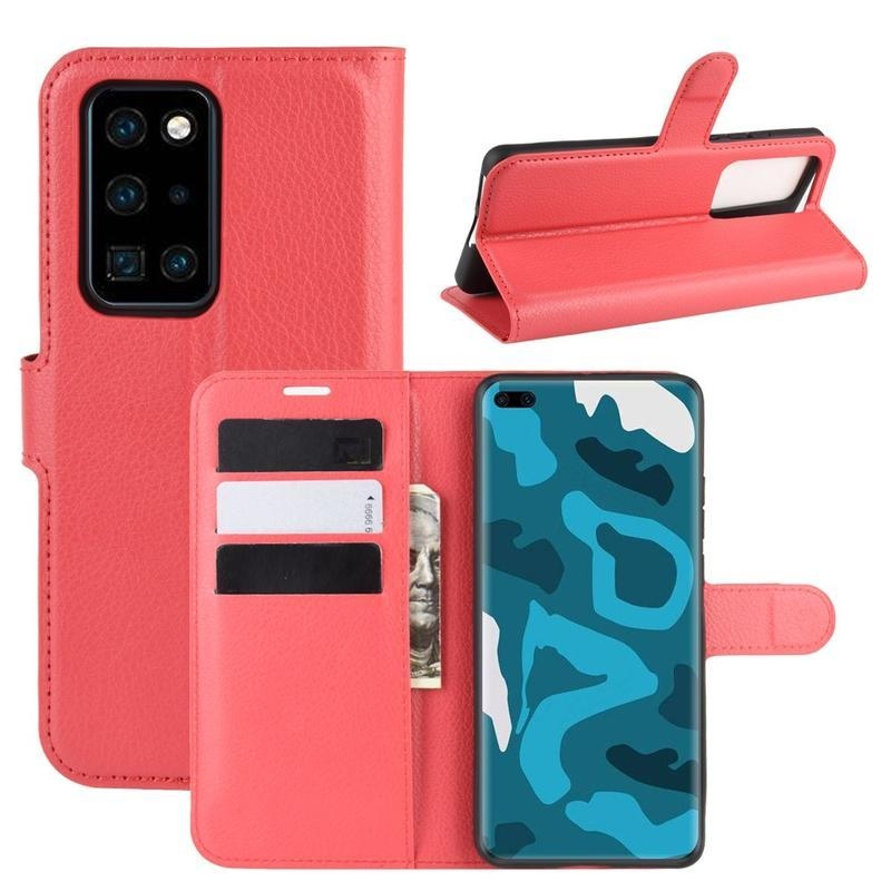 Litchi PU bőr pénztárca tok a Huawei P40 Pro-hoz - piros