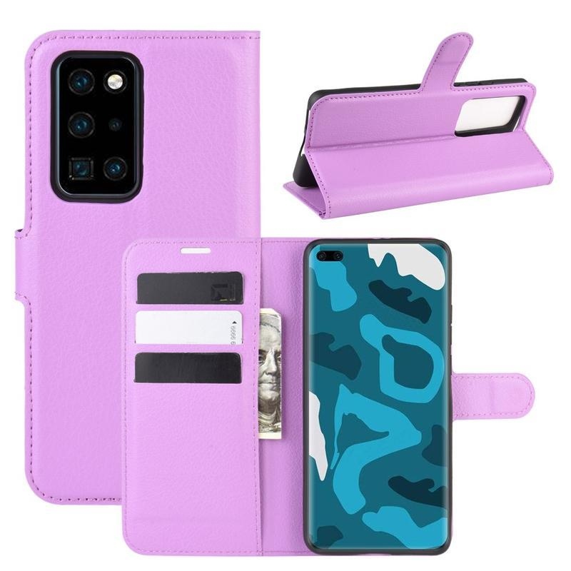 Litchi PU bőr pénztárca tok a Huawei P40 Pro-hoz - lila