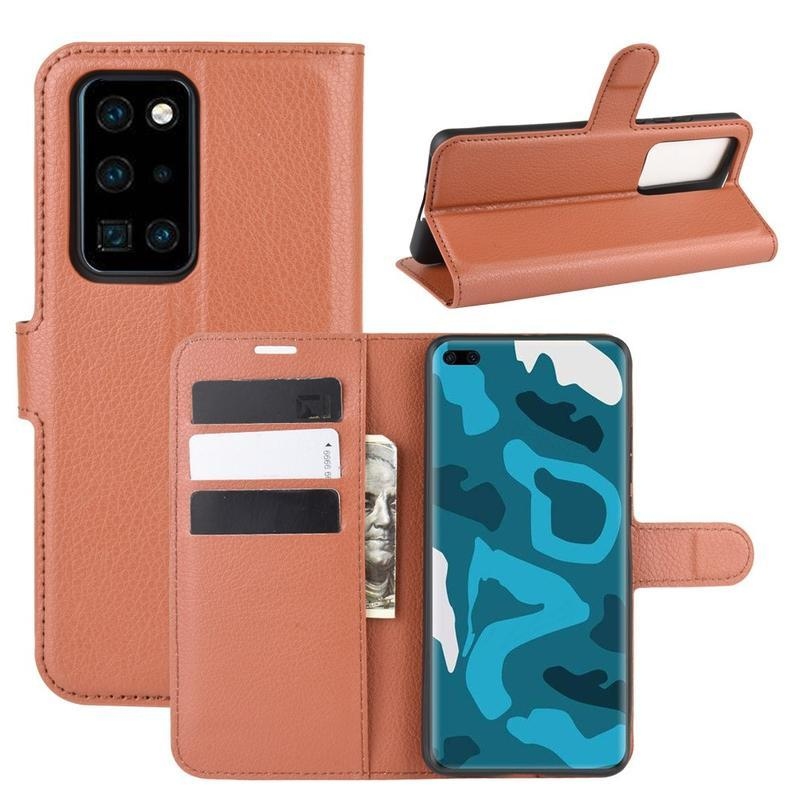 Litchi PU bőr pénztárca tok a Huawei P40 Pro-hoz - barna