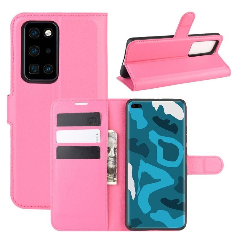 Litchi PU bőr pénztárca tok Huawei P40 Pro - rózsaszínű