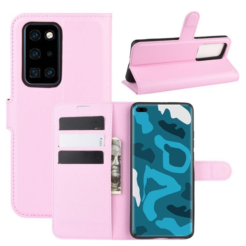 Litchi PU bőr pénztárca tok a Huawei P40 Pro-hoz - rózsaszínű