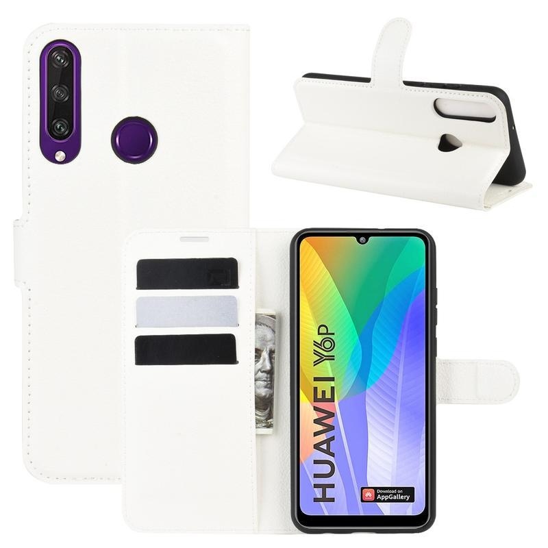 Litchi PU bőr pénztárca tok a Huawei Y6p-hez - fehér