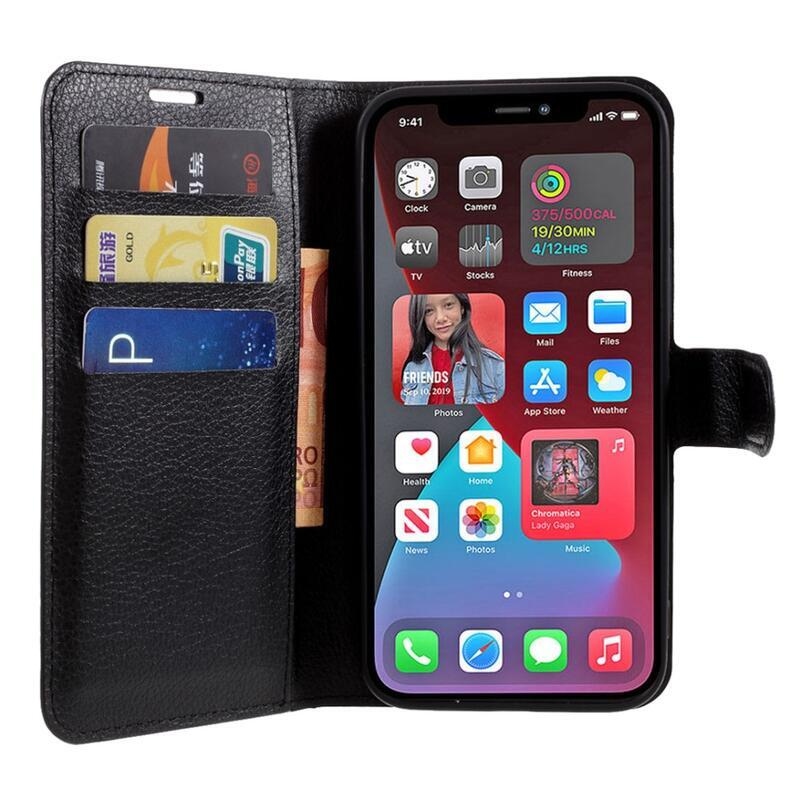 Litchi PU bőr pénztárca tok iPhone 12/12 Pro készülékhez - fekete