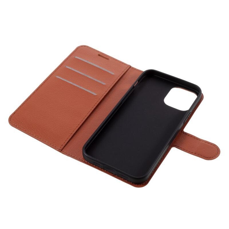 Litchi PU bőr pénztárca tok iPhone 12/12 Pro készülékhez - barna