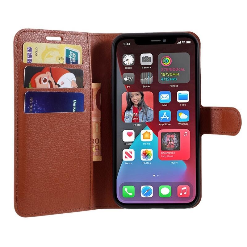 Litchi PU bőr pénztárca tok iPhone 12/12 Pro készülékhez - barna