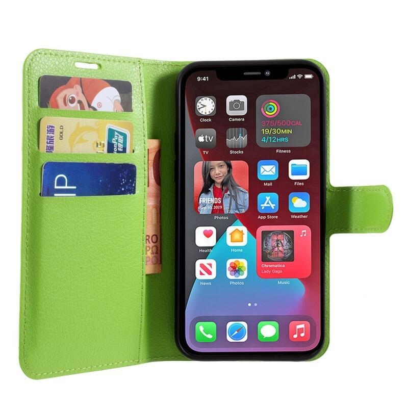 Litchi PU bőr pénztárca tok iPhone 12/12 Pro készülékhez - zöld
