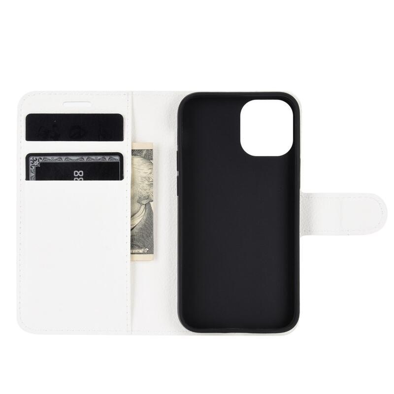 Litchi PU bőr pénztárca tok iPhone 12 mini 5.4 készülékhez - fehér