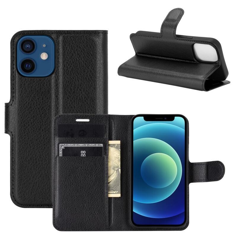 Litchi PU bőr pénztárca tok iPhone 12 mini 5.4 készülékhez - fekete