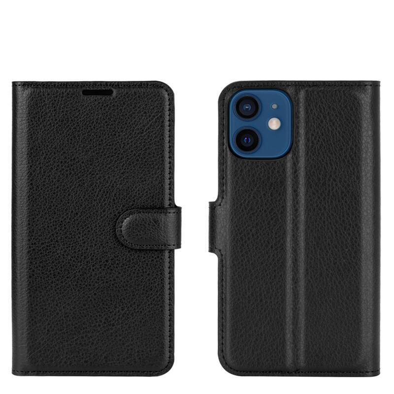 Litchi PU bőr pénztárca tok iPhone 12 mini 5.4 készülékhez - fekete