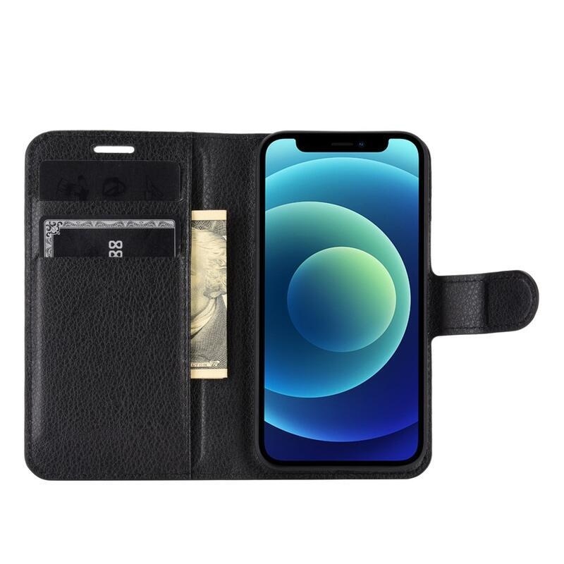 Litchi PU bőr pénztárca tok iPhone 12 mini 5.4 készülékhez - fekete