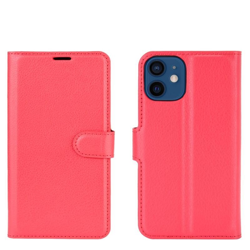 Litchi PU bőr pénztárca tok iPhone 12 mini 5.4 készülékhez - piros
