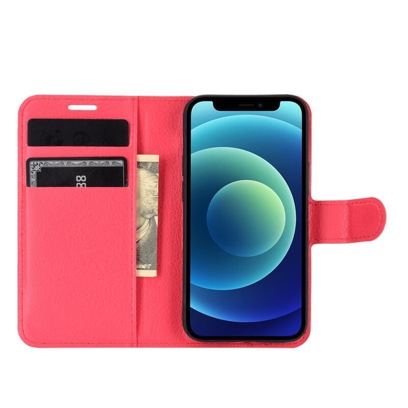 Litchi PU bőr pénztárca tok iPhone 12 mini 5.4 készülékhez - piros