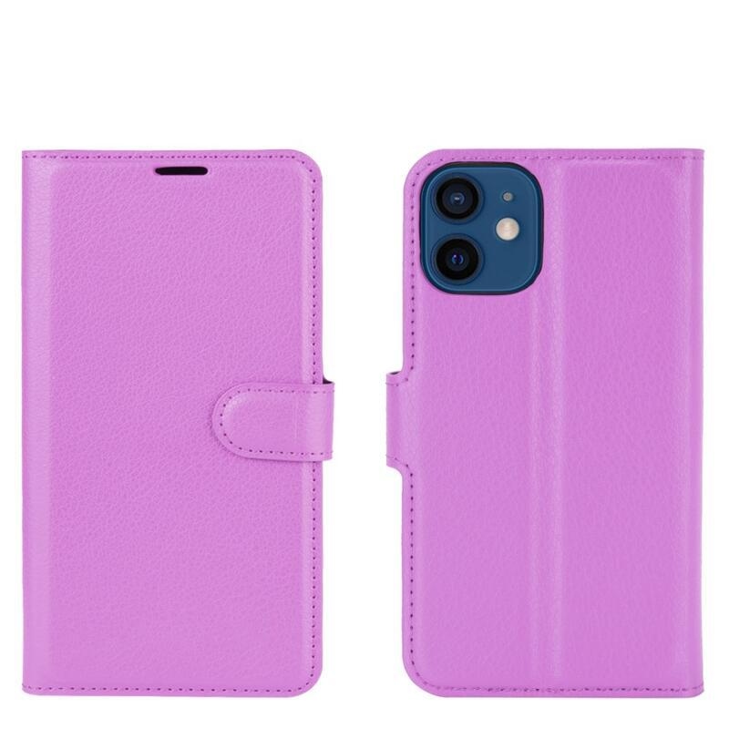 Litchi PU bőr pénztárca tok iPhone 12 mini 5.4 készülékhez - lila