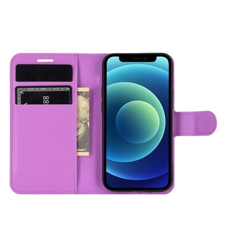 Litchi PU bőr pénztárca tok iPhone 12 mini 5.4 készülékhez - lila