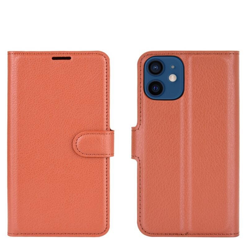 Litchi PU bőr pénztárca tok iPhone 12 mini 5.4 készülékhez - barna