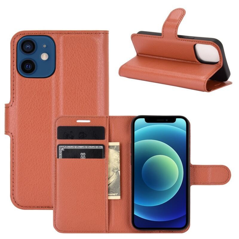Litchi PU bőr pénztárca tok iPhone 12 mini 5.4 készülékhez - barna