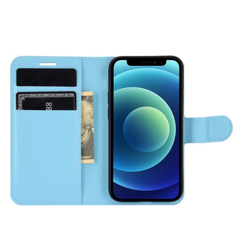 Litchi PU bőr pénztárca tok iPhone 12 mini 5.4 készülékhez - kék